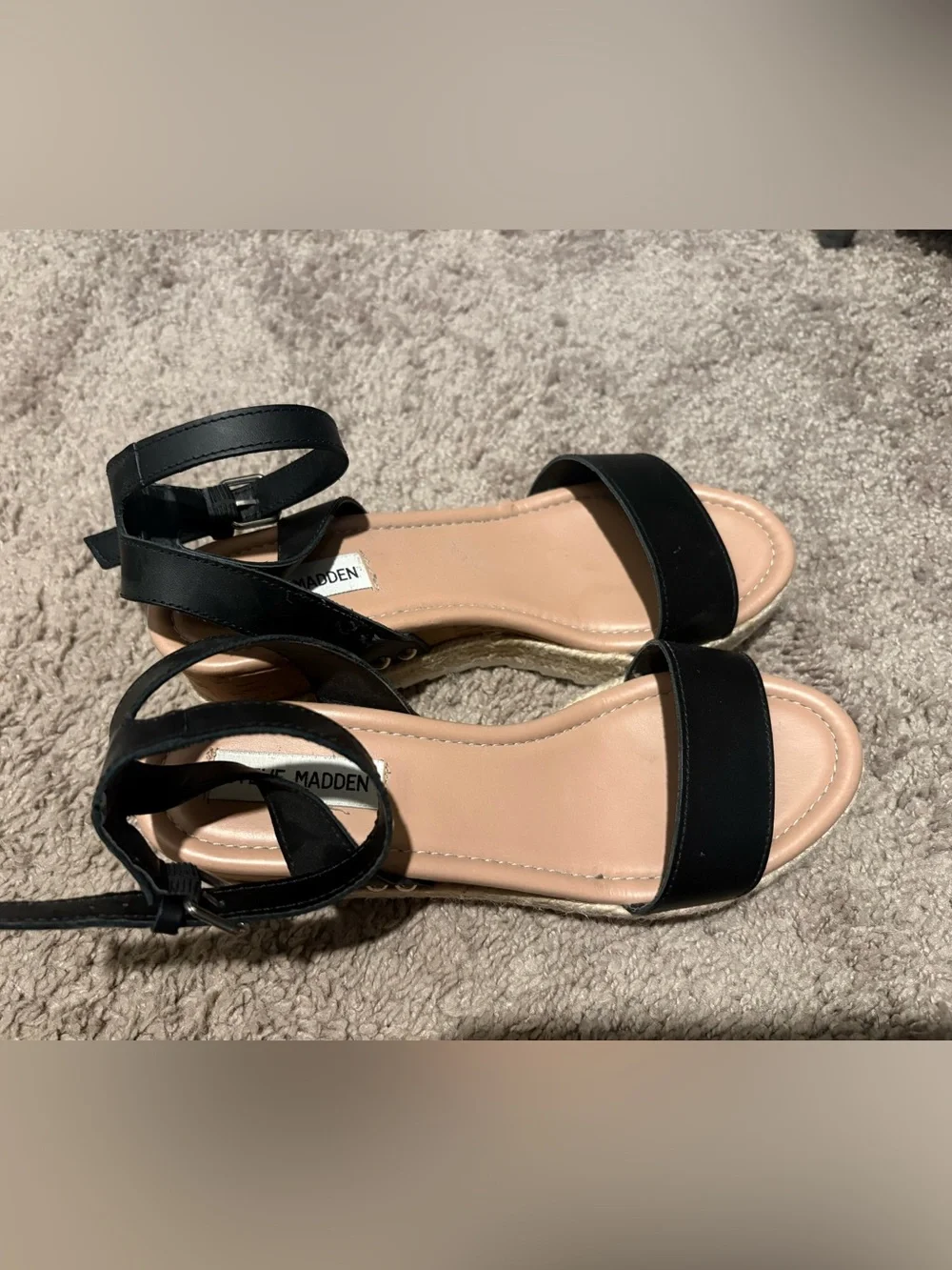 Steve Madden Black Ankle-Strap Espadrille Wedge Sandals